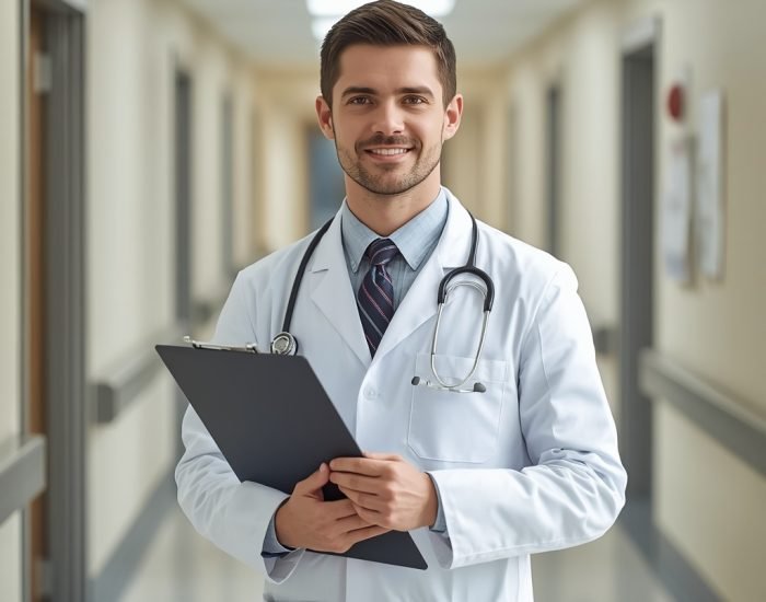 lucid-origin_A_confident_male_doctor_in_a_white_lab_coat_holding_a_clipboard_standing_in_a_br-0
