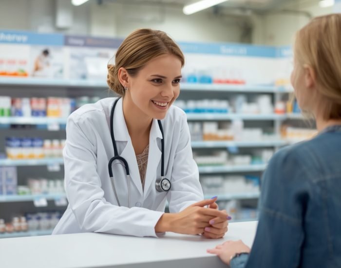 lucid-origin_A_female_doctor_in_a_pristine_white_lab_coat_leaning_over_a_pharmacy_counter_ste-0