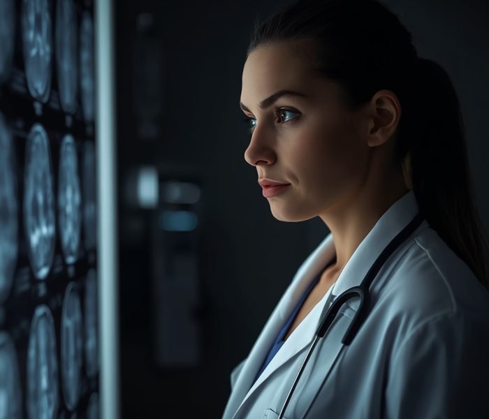 lucid-origin_A_focused_female_neurologist_in_a_white_lab_coat_stethoscope_around_neck_studyin-0