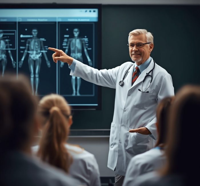 lucid-origin_A_senior_male_doctor_professor_in_a_white_lab_coat_stethoscope_standing_in_front-0